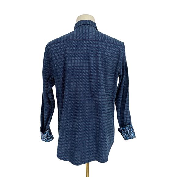 Robert Graham Woven Button Front Long Sleeve Shirt Cubist Navy Blue Geometric M - Picture 2 of 9
